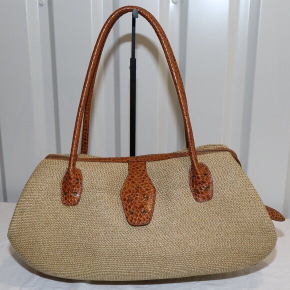 Eric Javits Women's Straw Rafia Shoulder Bag East West Design Croc Embossed Tan - Picture 1 of 13